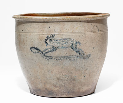 Extremely Rare Ohio Stoneware Cream Jar with Incised Fish and Rabbit Decorations, circa 1840