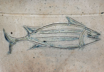 Extremely Rare Ohio Stoneware Cream Jar with Incised Fish and Rabbit Decorations, circa 1840