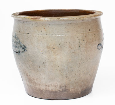 Extremely Rare Ohio Stoneware Cream Jar with Incised Fish and Rabbit Decorations, circa 1840