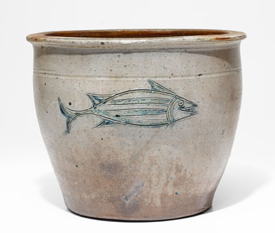 Extremely Rare Ohio Stoneware Cream Jar with Incised Fish and Rabbit Decorations, circa 1840