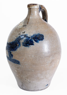 Exceptional Stoneware Jug w/ Incised Bird and Ship Decorations, att. Jonathan Fenton, Boston, late 18th century