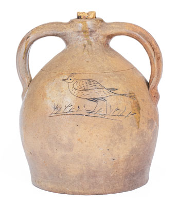 Rare Small-Sized Double-Handled Stoneware Jug w/ Incised Bird, probably Julius Norton, Bennington, VT