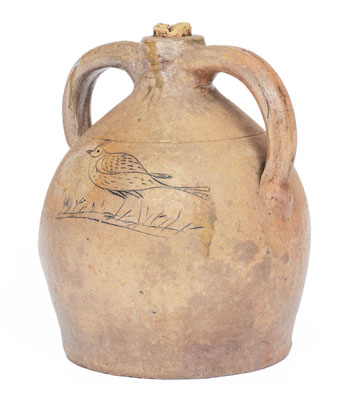 Rare Small-Sized Double-Handled Stoneware Jug w/ Incised Bird, probably Julius Norton, Bennington, VT