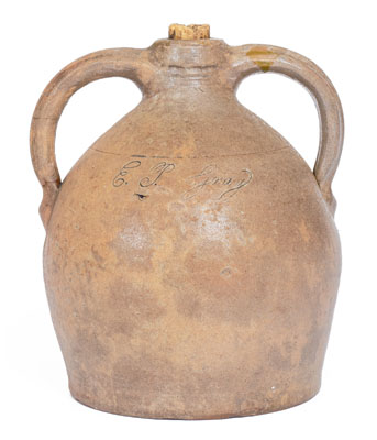 Rare Small-Sized Double-Handled Stoneware Jug w/ Incised Bird, probably Julius Norton, Bennington, VT