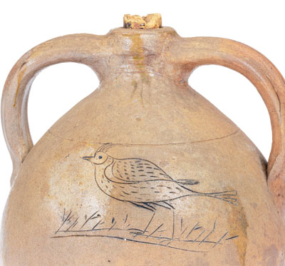 Rare Small-Sized Double-Handled Stoneware Jug w/ Incised Bird, probably Julius Norton, Bennington, VT