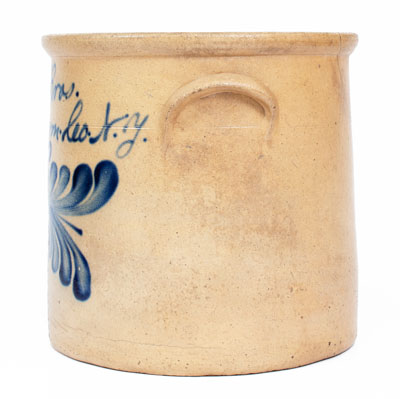 Exceptional EVAN R. JONES / PITTSTON, PA Stoneware Crock w/ Elaborate Slip-Trailed Advertising