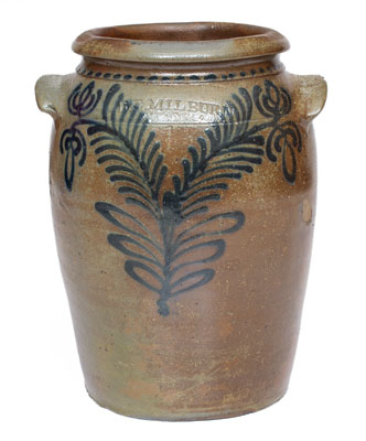 One-Gallon B.C. MILBURN / ALEXA Stoneware Jar w/ Cobalt Floral Decoration, c1850