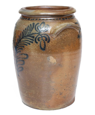 One-Gallon B.C. MILBURN / ALEXA Stoneware Jar w/ Cobalt Floral Decoration, c1850