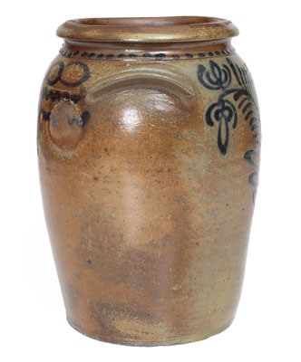 One-Gallon B.C. MILBURN / ALEXA Stoneware Jar w/ Cobalt Floral Decoration, c1850