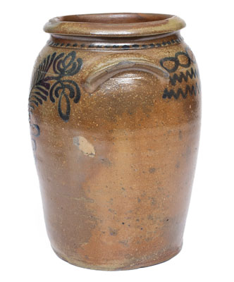 One-Gallon B.C. MILBURN / ALEXA Stoneware Jar w/ Cobalt Floral Decoration, c1850