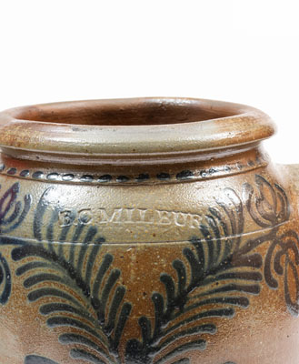 One-Gallon B.C. MILBURN / ALEXA Stoneware Jar w/ Cobalt Floral Decoration, c1850