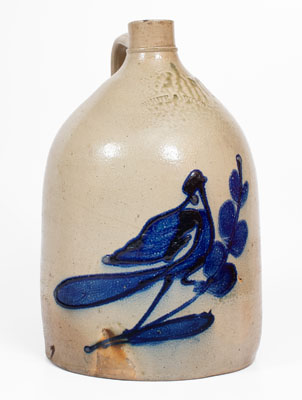 WHITE & WOOD (Utica, NY) Stoneware Jug with Cobalt Paddletail Bird Decoration