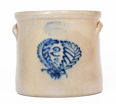 Two-Gallon J. BURGER, JR. / ROCHESTER, N.Y. Stoneware Crock w/ Cobalt Wreath, c1885