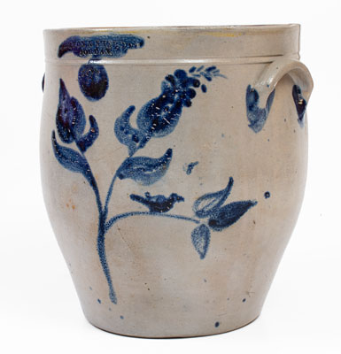 Very Rare MORTON & SHELDON / JORDAN, New York Stoneware Jar w/ Cobalt Floral and Bird Motif