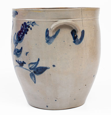 Very Rare MORTON & SHELDON / JORDAN, New York Stoneware Jar w/ Cobalt Floral and Bird Motif