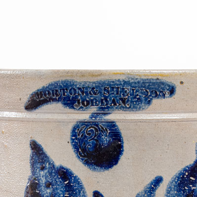 Very Rare MORTON & SHELDON / JORDAN, New York Stoneware Jar w/ Cobalt Floral and Bird Motif