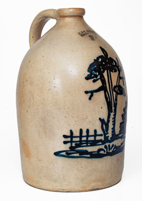 Rare J. & E. NORTON, / BENNINGTON, VT Stoneware Jug w/ Cobalt Tree, House, and Fence Motif