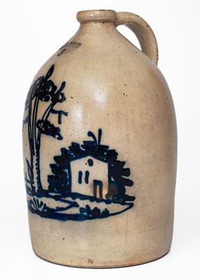 Rare J. & E. NORTON, / BENNINGTON, VT Stoneware Jug w/ Cobalt Tree, House, and Fence Motif