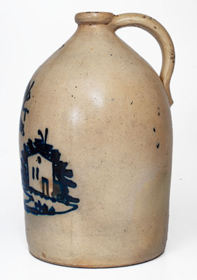 Rare J. & E. NORTON, / BENNINGTON, VT Stoneware Jug w/ Cobalt Tree, House, and Fence Motif