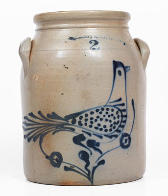 Two-Gallon W. ROBERTS / BINGHAMTON, NY Stoneware Jar w/ Cobalt Bird Decoration