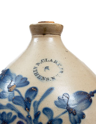 Five-Gallon N. CLARK, JR / ATHENS, NY Stoneware Jug w/ Elaborate Cobalt Floral Decoration