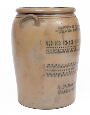 Five-Gallon A.P. Donaghho, / Parkersburg, W. Va. Stoneware Jar, circa 1880