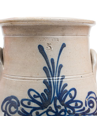 Five-Gallon WORCESTER (Massachusetts) Stoneware Churn w/ Cobalt Floral Decoration