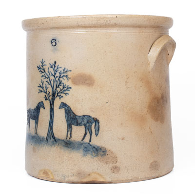 Rare Six-Gallon Stoneware Crock w/ Horse-and-Tree Motif, att. Somerset Potters Works, Massachusetts