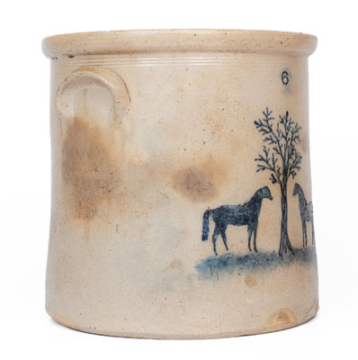 Rare Six-Gallon Stoneware Crock w/ Horse-and-Tree Motif, att. Somerset Potters Works, Massachusetts