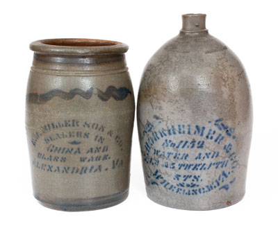 Two Pieces of Cobalt-Stenciled Advertising Stoneware, Western PA origin, c1880