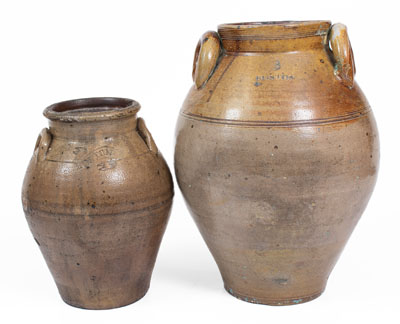 Two Iron-Decorated Stoneware Jars, Stamped BOSTON, early 19th century