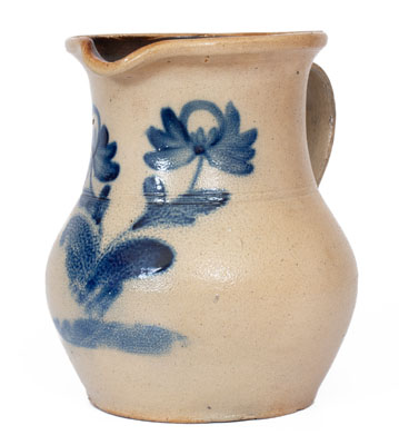 Attrib. Nathan Clark, Jr., Athens, NY Stoneware Pitcher w/ Elaborate Cobalt Floral Decoration