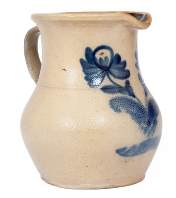 Attrib. Nathan Clark, Jr., Athens, NY Stoneware Pitcher w/ Elaborate Cobalt Floral Decoration