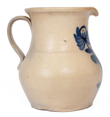 Attrib. Nathan Clark, Jr., Athens, NY Stoneware Pitcher w/ Elaborate Cobalt Floral Decoration