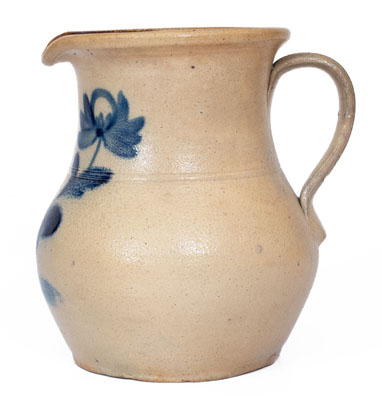 Attrib. Nathan Clark, Jr., Athens, NY Stoneware Pitcher w/ Elaborate Cobalt Floral Decoration