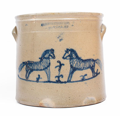 Exceedingly Rare A.O. WHITTEMORE. / HAVANA, N.Y. Stoneware Crock w/ Cobalt Horses Decoration