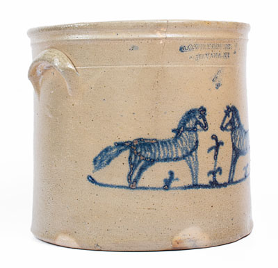 Exceedingly Rare A.O. WHITTEMORE. / HAVANA, N.Y. Stoneware Crock w/ Cobalt Horses Decoration