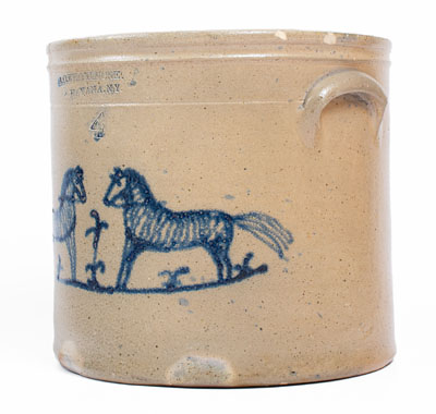 Exceedingly Rare A.O. WHITTEMORE. / HAVANA, N.Y. Stoneware Crock w/ Cobalt Horses Decoration