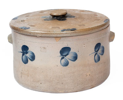 Three-Gallon Lidded Baltimore Stoneware Cake Crock w/ Cobalt Clover Decoration, c1880