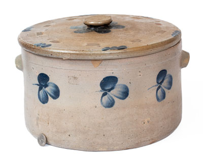 Three-Gallon Lidded Baltimore Stoneware Cake Crock w/ Cobalt Clover Decoration, c1880