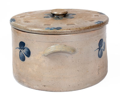 Three-Gallon Lidded Baltimore Stoneware Cake Crock w/ Cobalt Clover Decoration, c1880