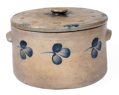 Three-Gallon Lidded Baltimore Stoneware Cake Crock w/ Cobalt Clover Decoration, c1880