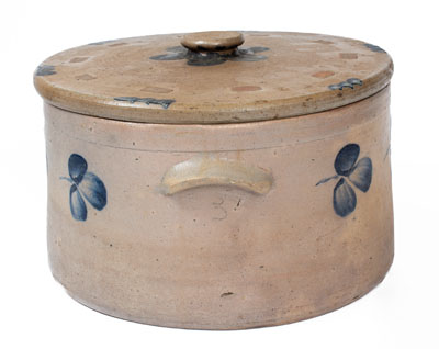 Three-Gallon Lidded Baltimore Stoneware Cake Crock w/ Cobalt Clover Decoration, c1880