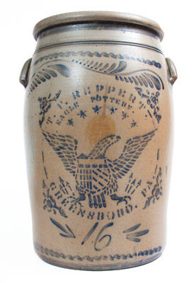 Fine Sixteen-Gallon T.F. REPPERT / EAGLE POTTERY / GREENSBORO, PA. Crock w/ Eagle Motif