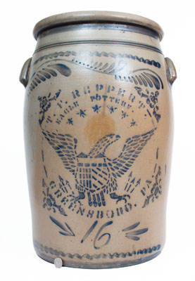 Fine Sixteen-Gallon T.F. REPPERT / EAGLE POTTERY / GREENSBORO, PA. Crock w/ Eagle Motif