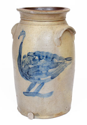 Outstanding Ohio Stoneware Churn w/ Folky Cobalt Turkey Decoration, circa 1870