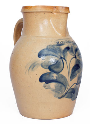 Rare HARRISBURG, PA Stoneware Pitcher w/ Elaborate Decoration, attrib. John Young, circa 1856-58