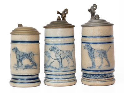 Three Molded Stoneware Mugs w/ Dog Motifs, attributed the White's Pottery, Utica, NY