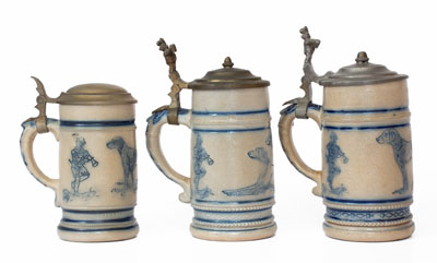 Three Molded Stoneware Mugs w/ Dog Motifs, attributed the White s Pottery, Utica, NY