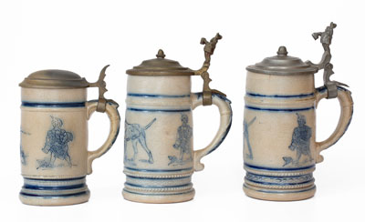 Three Molded Stoneware Mugs w/ Dog Motifs, attributed the White s Pottery, Utica, NY